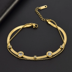 Stainless Steel Double Layer Gold Bracelet Women Zirconia Roman Numeral Round Charm Snake Bone Bead Chain Jewelry Gift