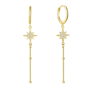 Detail of S925 sterling silver gold starburst earrings with zircon tassels and charms