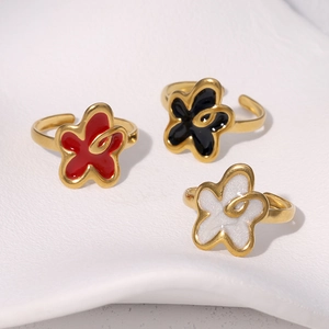 Elegant Flower Open Ring Stainless Steel 18K Gold Plated Enamel Adjustable Fashion Minimalist Finger Jewelry Women