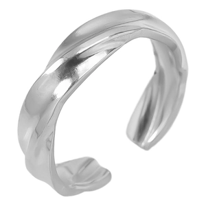 Macro shot of silver irregular wave textured 304 stainless steel open ring design