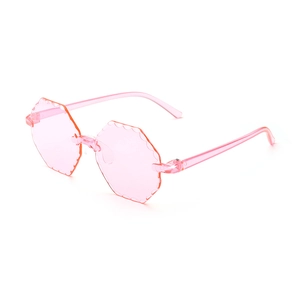 Frameless pink octagon kids sunglasses with scalloped wavy edges and transparent frame