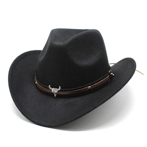 Western Cowboy Hat Woolen Felt Wide Brim Bull Head Metal Decor Retro Jazz Fedora For Men Women