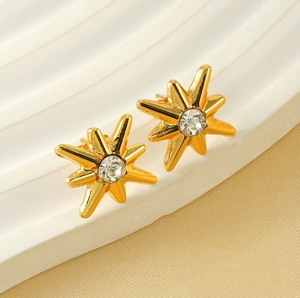 Macro detail of gold eight-pointed star earrings with zircon inlay on a white stand