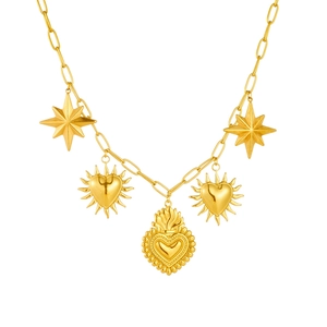 Gold plated stainless steel necklace with Sacred Heart and eight-pointed star pendants