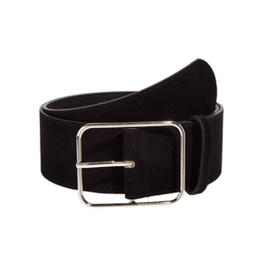 Vintage wide black waist belt with silver rectangular buckle in frosted matte finish