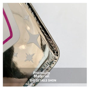 Detail of silver mirror texture bag with white star print and YOUR MIND webbing