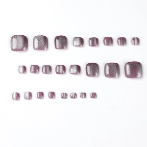 Deep purple cat-eye press on toe nails kit featuring shimmering metallic glitter finish