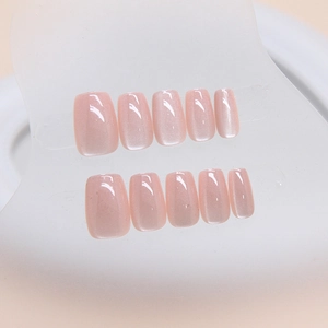 Kurze quadratische rosa Katzenaugen-Klebenägel mit Perleneffekt im 10er Set Glanz