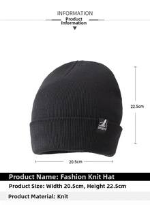 Detailed size chart showing 20.5cm width and 22.5cm height of the black knit beanie