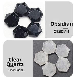 Macro detail of obsidian and clear quartz merkaba star stones with natural texture