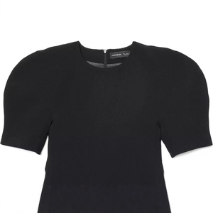 Short black dress with puff sleeves and invisible back zipper on a white background