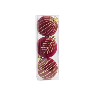 Three burgundy flocked Christmas balls with gold glitter leaves in a clear gift box