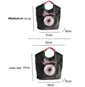 Size chart for nylon shopping bags showing medium and large dimensions with embroidery details