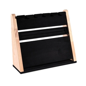 Three-tier wood and velvet jewelry stand with necklace hooks and ring display slots