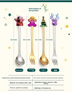 Detail view of colorful 410 stainless steel Christmas spoons with cartoon silicone figures