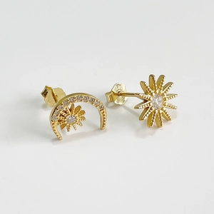 S925 sterling silver asymmetrical star and moon stud earrings with gold plating and zircons