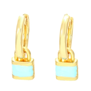 Golden hoop earrings featuring light blue enamel padlock charms in a minimalist style