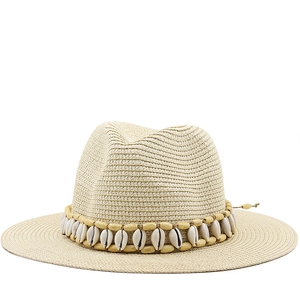 Fedora Straw Hat Woven Panama Sun Hat With Wood Beads And Shell Decoration Breathable Wide Brim Bohemian Style For Travel