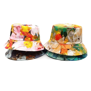Summer reversible sun hat with artistic floral oil painting patterns in four colors