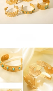 Detailed shot of 18K gold plated bangles with butterfly relief and turquoise insets