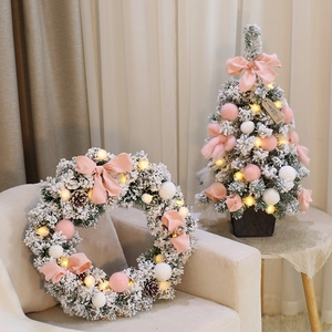 60cm pre-lit flocked mini Christmas tree and wreath set with pink bows and pine cones