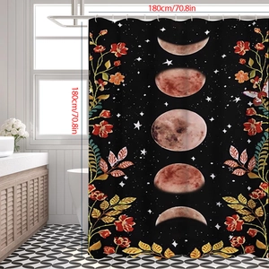 Detail view of floral shower curtain featuring moon phases in a modern bathroom setup