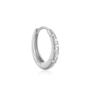 Macro view of S925 sterling silver hoop earrings with small zircon floral detail
