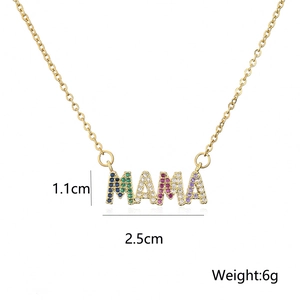 18K gold plated MAMA necklace with colorful zircon stones on white background