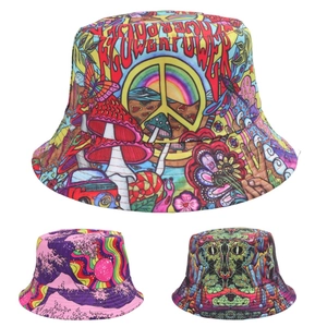 Reversible Bucket Hat Psychedelic Print Sun Protection Cotton Polyester Streetwear Fashion Sun Hat For Men Women