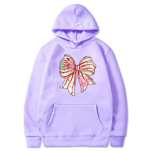 Lavender Christmas hoodie with 'OH Christmas TREE' bow print and front pouch pocket