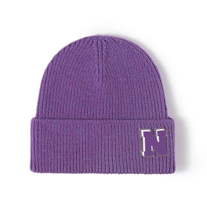Purple ribbed knit beanie featuring a white letter N patch on the folded brim for winter