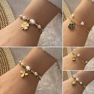 Layered Stainless Steel Bracelet With Imitation Artificial Pearl Flower Heart Bee Butterfly Charm Elegant Fashion Jewelry Women
