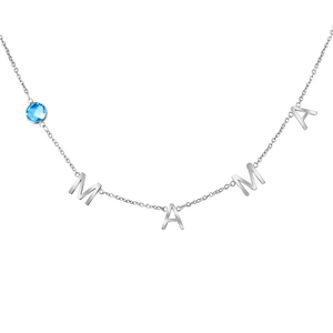 Detail of stainless steel MAMA necklace with a blue round faceted gemstone pendant