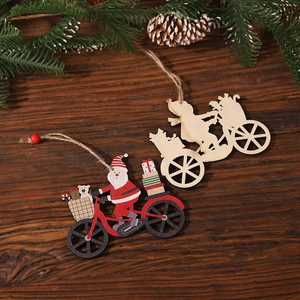 Hand-painted wooden Santa on bicycle and laser-cut reindeer carriage Christmas ornaments