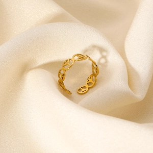 Minimalist gold hollow peace sign ring in polished stainless steel with adjustable open band