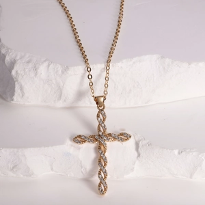Classic gold-plated cross pendant with cubic zirconia and stainless steel chain necklace