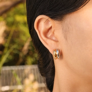 French style double-layered C-shaped gold and silver stainless steel huggie earrings for women