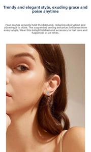 Detailed view of 925 sterling silver four-prong moissanite stud earrings on ear lobe