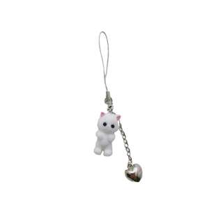 Y2K cute white flocked cat keychain with silver heart pendant and beaded strap