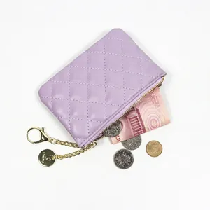 Quilted Diamond Pattern Coin Purse PU Leather Mini Wallet With Golden Keychain Hook Zipper Closure Women Macaron Colors