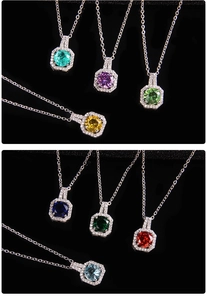 Close-up of eight multicolored cubic zirconia necklaces with octagon-halo crystal pendants