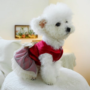 Detail of red satin dog princess dress with multi-layer mesh skirt and bow on a pet