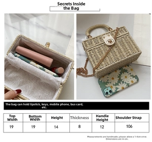 Größentabelle für Strohtaschen mit Maßen und Innenraum für den täglichen Bedarf