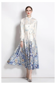 Detail of floral satin dress featuring vintage stand collar and lantern sleeves design