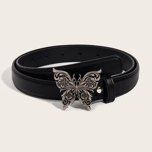 Vintage Faux Leather Belt For Women With Hollow Out Metal Butterfly Buckle Snap Button Retro Decorative Waistband For Jeans