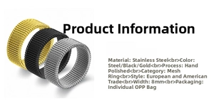 Detail view of 8mm stainless steel mesh rings in gold, black, and silver finishes