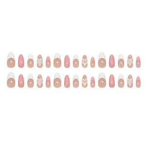 French almond press-on nails set with pink pearl flower and golden micro-beads