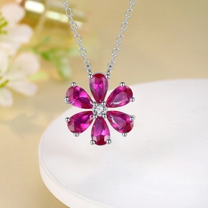 S925 sterling silver flower necklace featuring pink teardrop petals and white zircon pendant