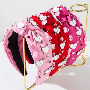 Three-piece rhinestone heart headband set in pink and red with crystal accents