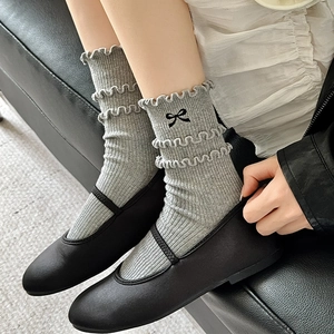 Sweet ballet-style grey crew socks with ruffle trim and bow embroidery for women